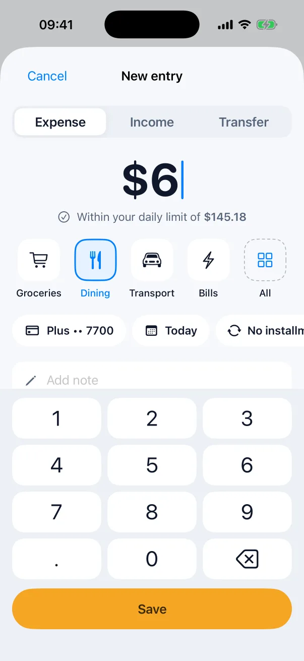 Add Entry screen: amount, category and Save