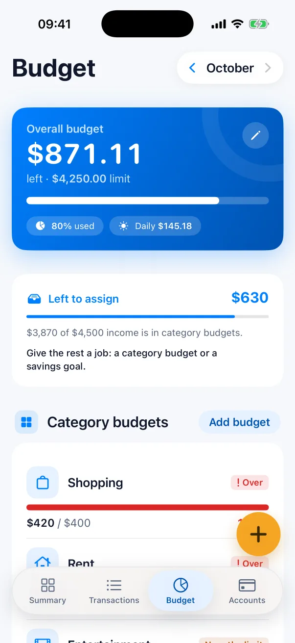 Budgets screen: overall budget and category limits