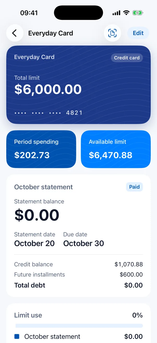 Card detail: statement, due date and installments