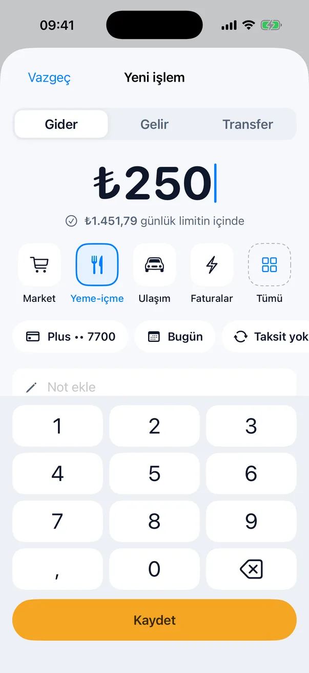 Yeni işlem ekranı: tutar, kategori ve Kaydet
