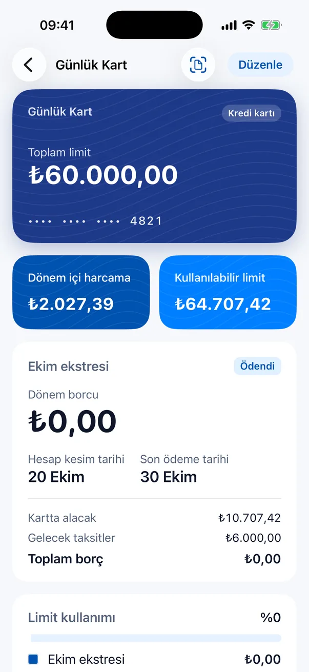 Kart detayı: ekstre, son ödeme günü ve taksitler